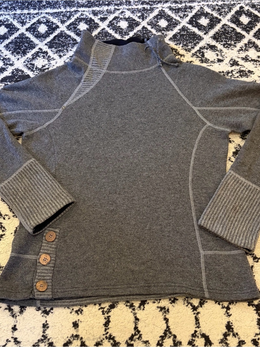 prAna Lucia Cowl Neck Wool Sweater Button Charcoal Fleece XL Gorpcore Cozy Cabin